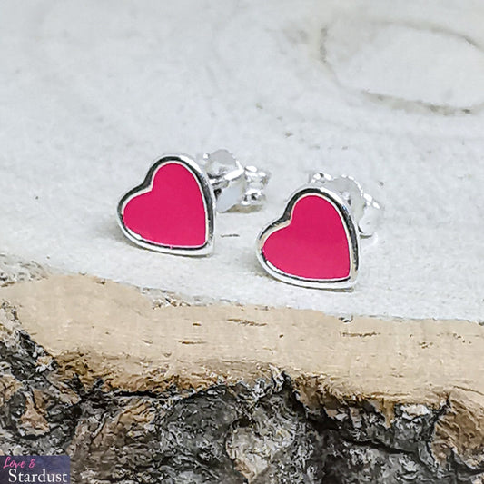 Sterling Silver Heart Ear Studs with Hot Pink Enamel