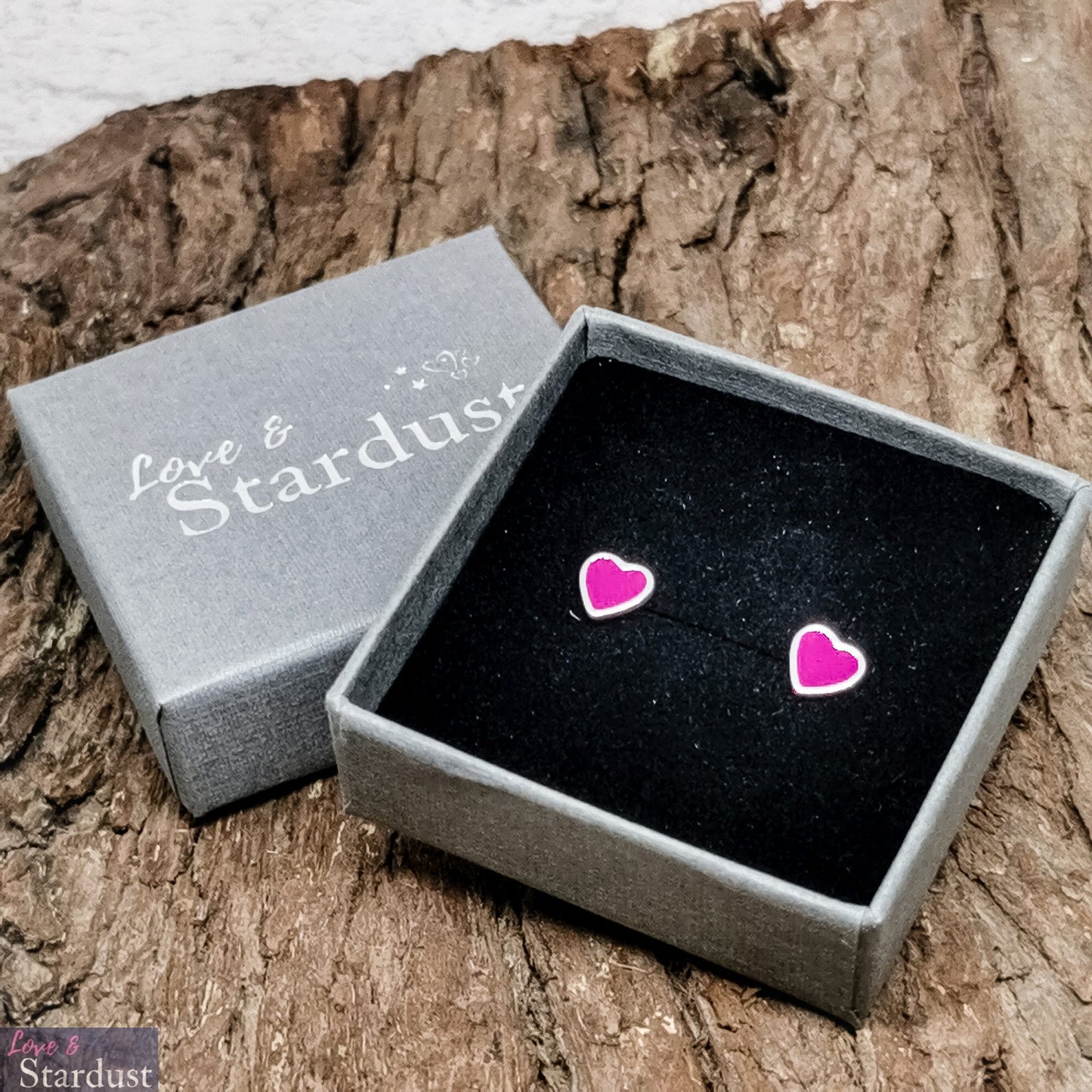 Sterling Silver Heart Ear Studs with Hot Pink Enamel