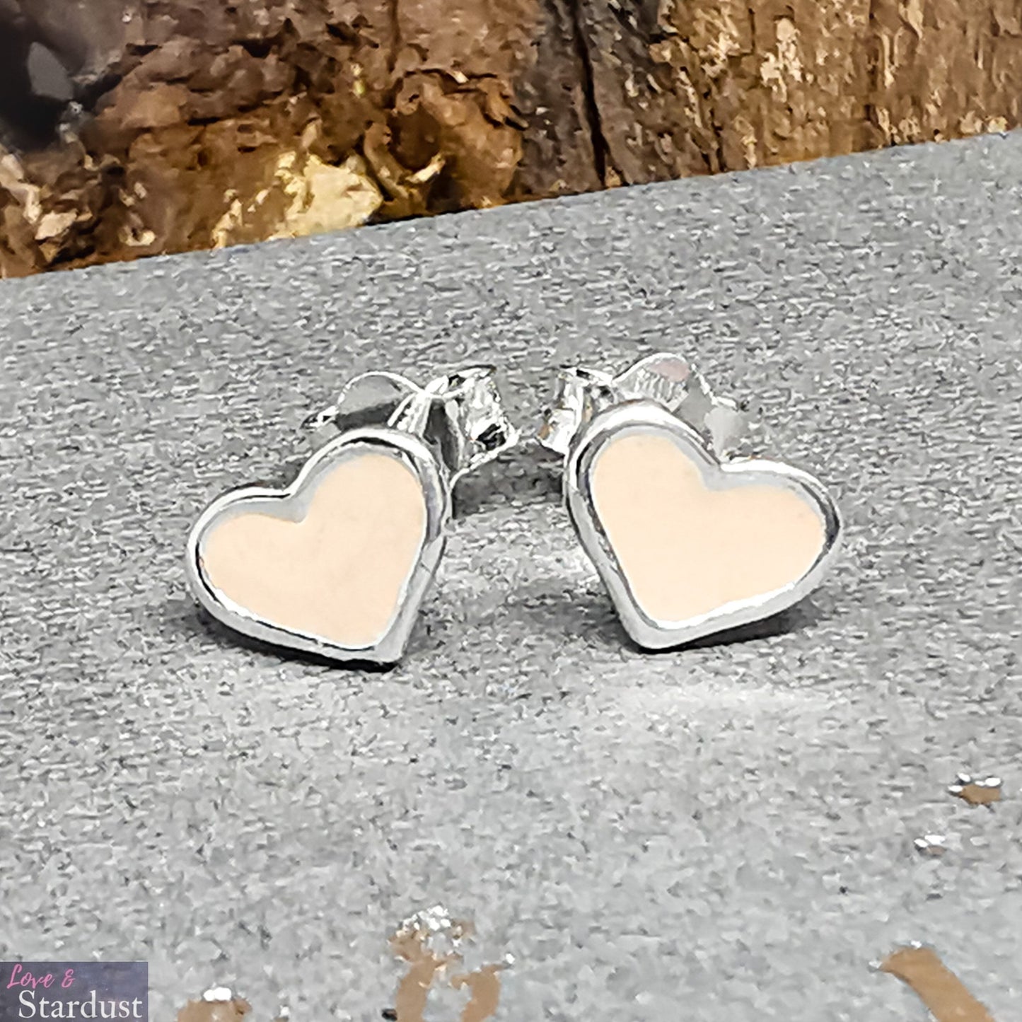 Sterling Silver Heart Ear Studs with Baby Pink Enamel