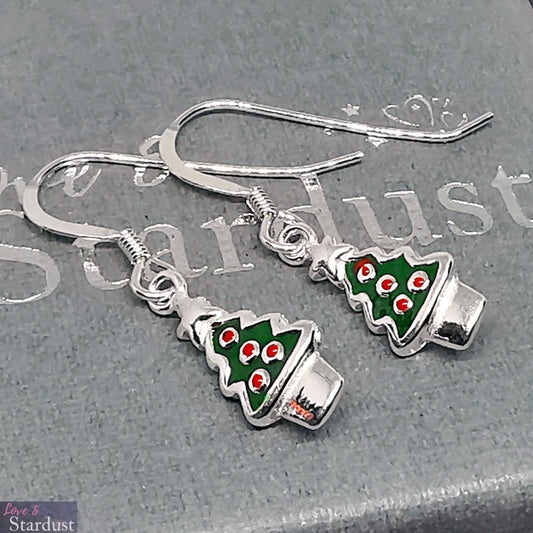 Sterling Silver & Enamel Christmas Tree Earrings Festive Jewellery