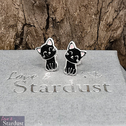 BLACK CAT Sterling Silver & Enamel Earrings