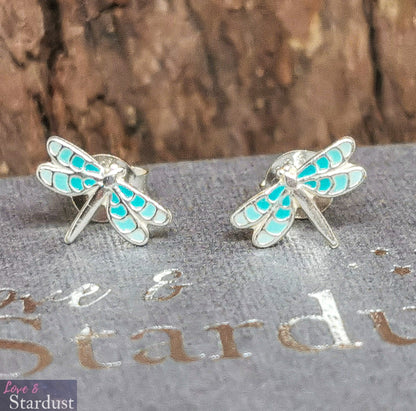 TINY DRAGONFLY (BLUE) Sterling Silver & Enamel Earrings