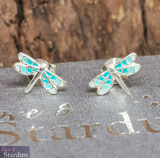 TINY DRAGONFLY (BLUE) Sterling Silver & Enamel Earrings