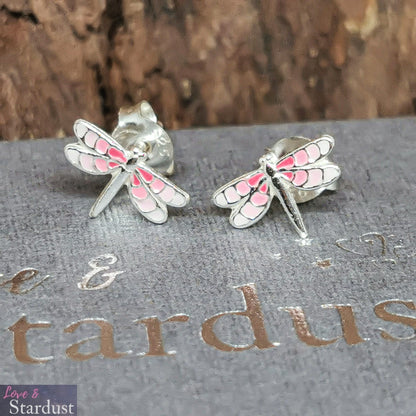 TINY DRAGONFLY (PINK) Sterling Silver & Enamel Earrings