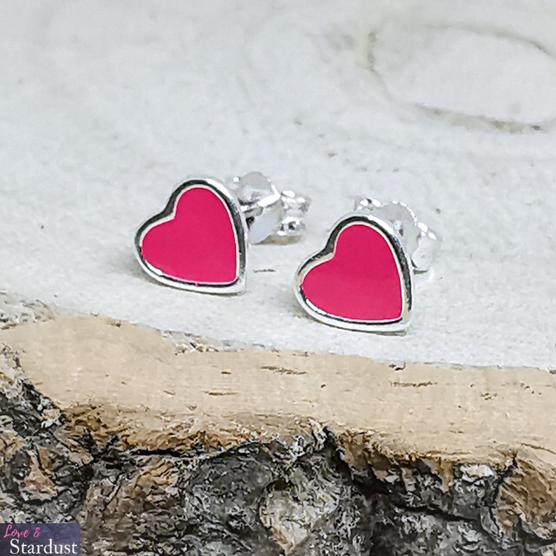 Sterling Silver Heart Ear Studs with Hot Pink Enamel 