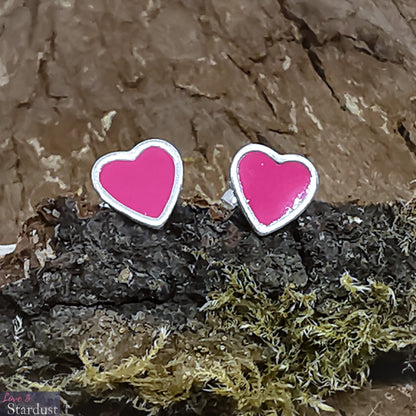 Sterling Silver Heart Ear Studs with Hot Pink Enamel 