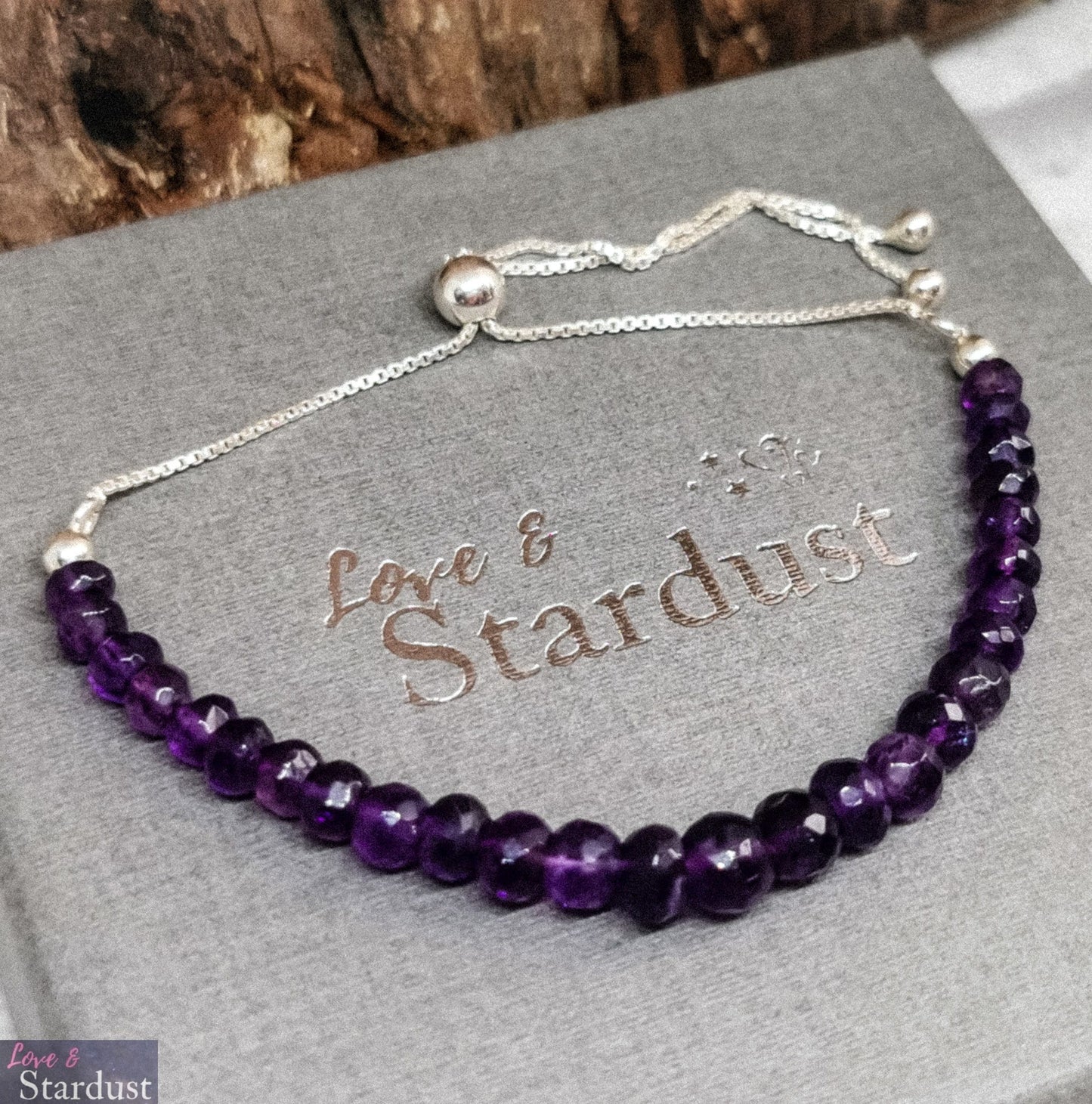 Sterling Silver fully adjustable Slider Bracelet with Amethyst