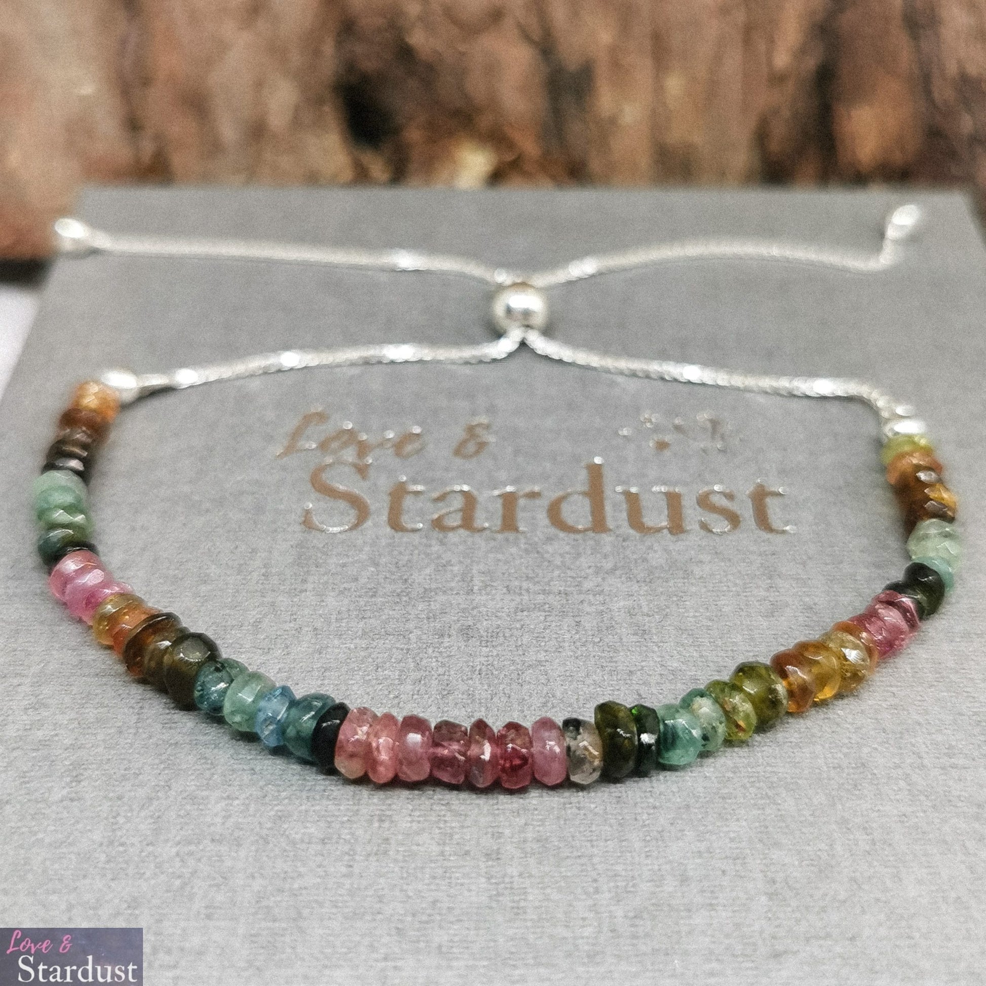 Stewrling Silver fully adjustable Slider Bracelet with natural shades of Tourmaline