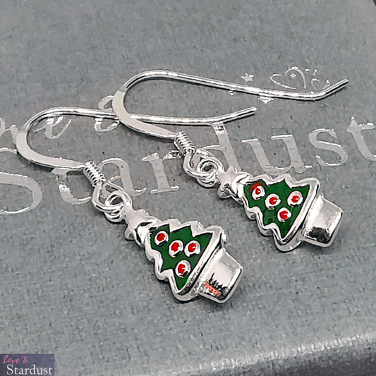 Sterling Silver & Enamel Christmas Tree Earrings Festive Jewellery