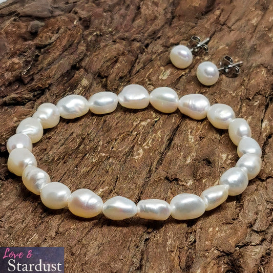 IVORY FRESHWATER PEARL Sterling Silver Bracelet & Earring Set
