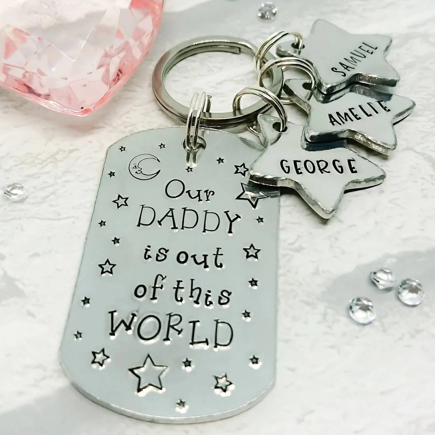 OUR DADDY IS OUT OF THIS WORLD Personalised Keyring