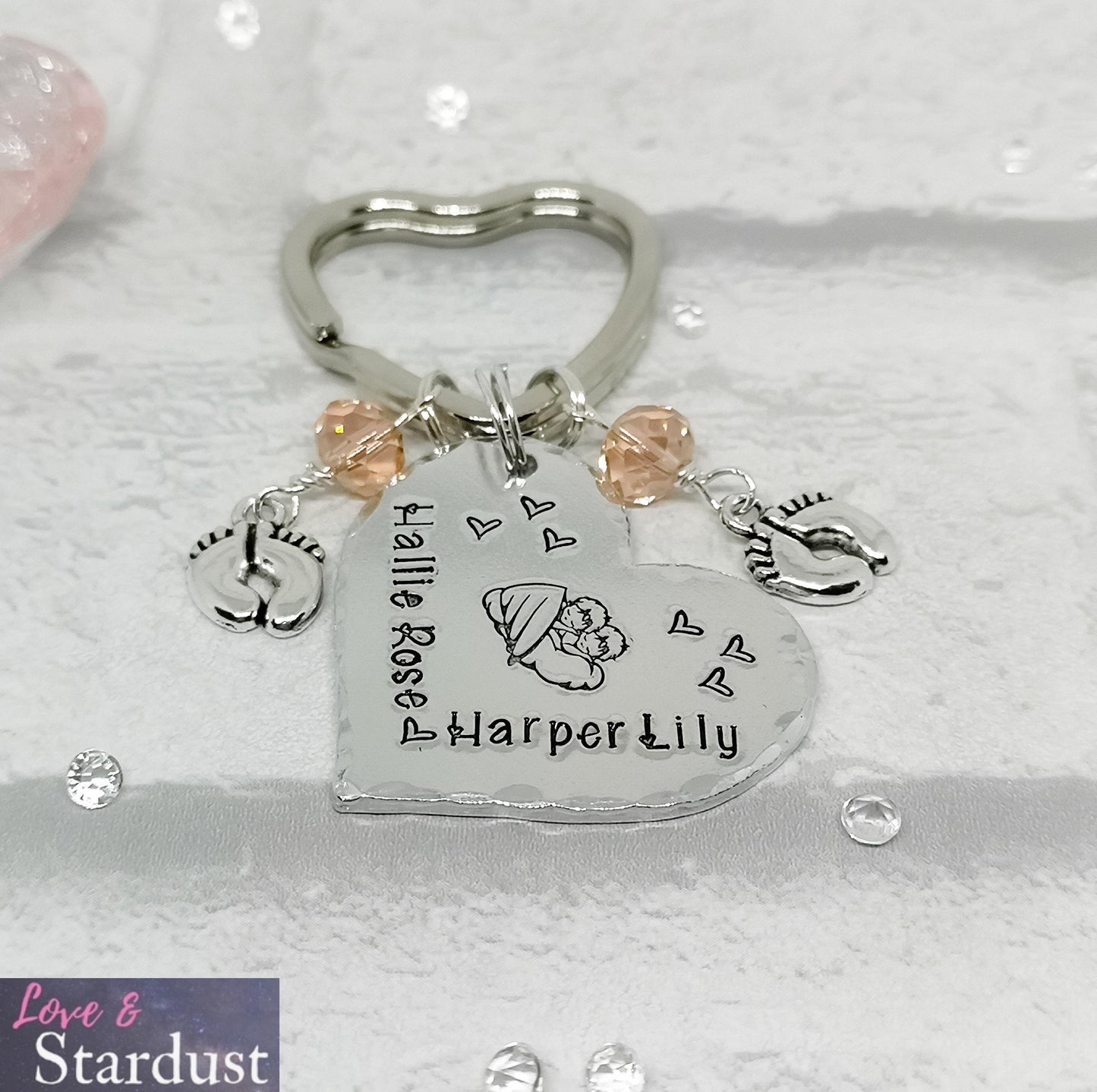 TWIN ANGEL BABIES Heart Keyring