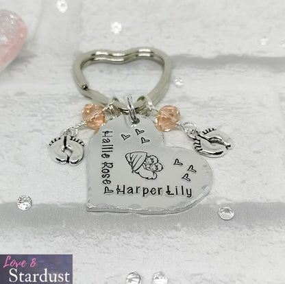 TWIN ANGEL BABIES Heart Keyring