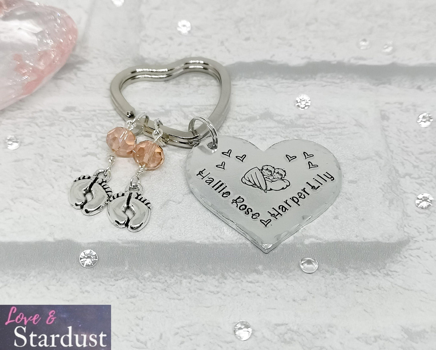 TWIN ANGEL BABIES Heart Keyring