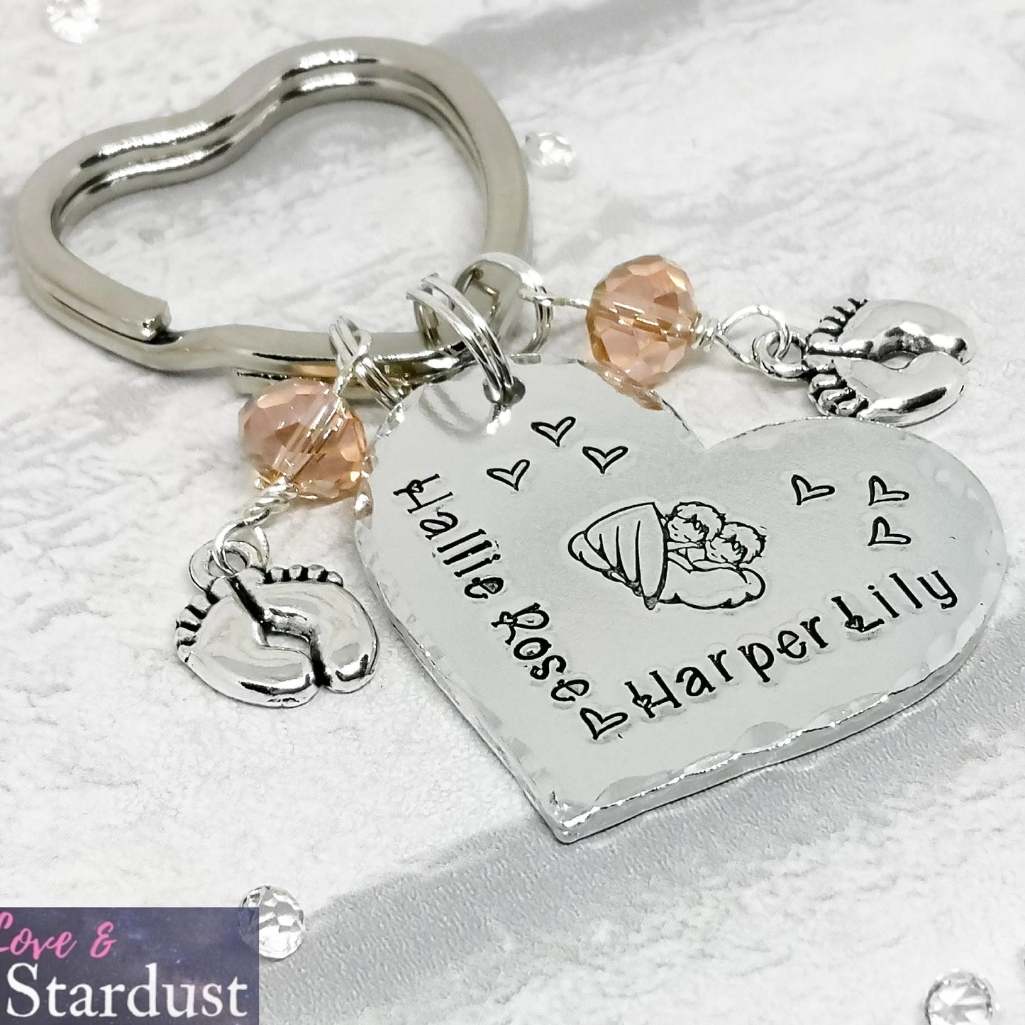 TWIN ANGEL BABIES Heart Keyring